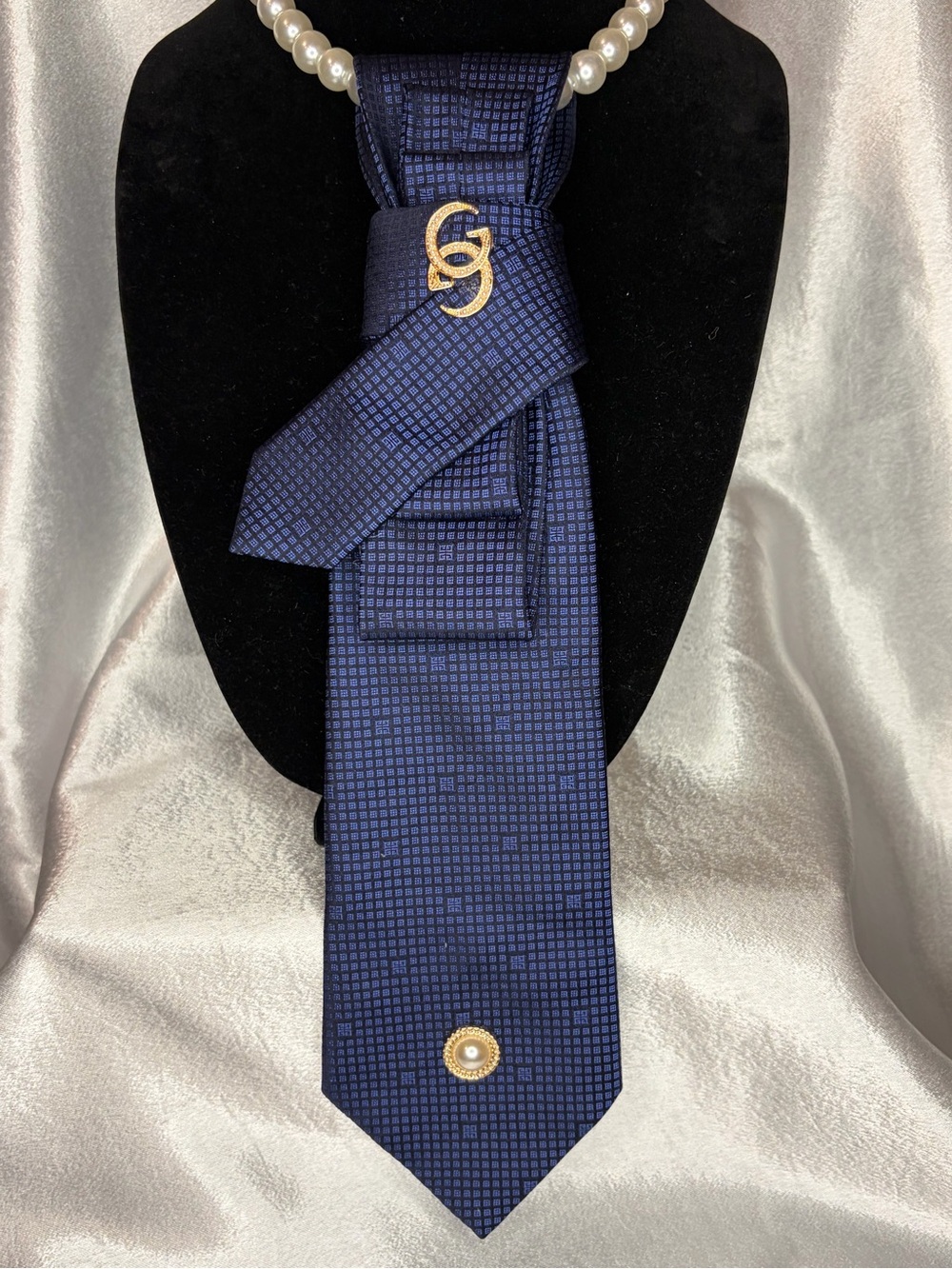 Givenchy Navy Blue Patterned Silk necklace tie with Gold Logo accent
